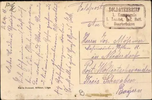 Ak Stempel Deutsche Feldpost 1. WK, 1. Kompagnie I. Landst. Inf. Batl. Saarbrücken