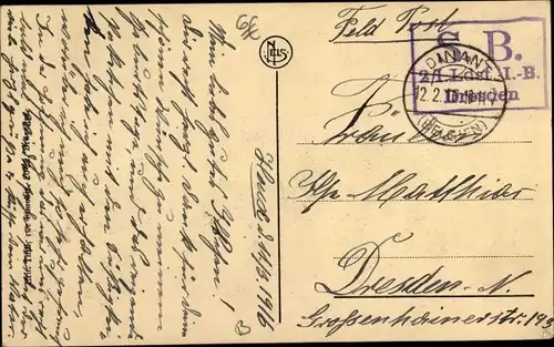 Ak Stempel Deutsche Feldpost 1. WK, 2. I. Ldst. I. B. Dresden