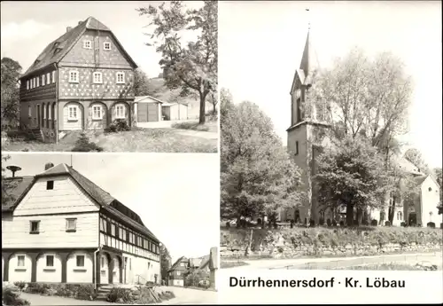 Ak Dürrhennersdorf in der Oberlausitz, Kirche, Umgebindehäuser