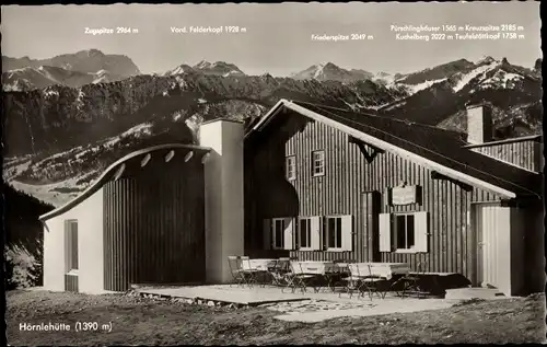 Ak Bad Kohlgrub in Oberbayern, Hörnlehütte mit umliegendem Gebirge, Zugspitze, Friedenspitze