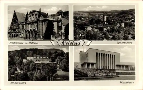 Ak Bielefeld in Nordrhein Westfalen, Stadttheater mit Rathaus, Sparrenburg, Johannisberg, Musikhalle