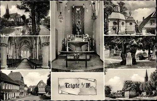 Ak Telgte in Westfalen, Emspartie, Pfarrkirche, Markt, Gnadenbild, Gnadenkapelle, Marienlinde