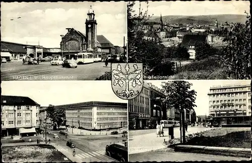 Ak Hagen in Westfalen, Hauptbahnhof, Tram, Teilansicht, Sparkasse, Elberfeld Straße, Wappen