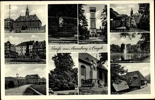 Ak Annaberg Buchholz Erzgebirge, Rathaus, St. Annenkirche, Pöhlberg Turm, Bezirkskrankenhaus