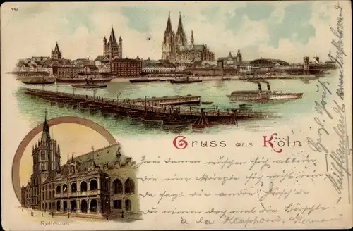 Litho Köln am Rhein, Stadtpanorama mit Schiffsbrücke, Dom, Rathaus