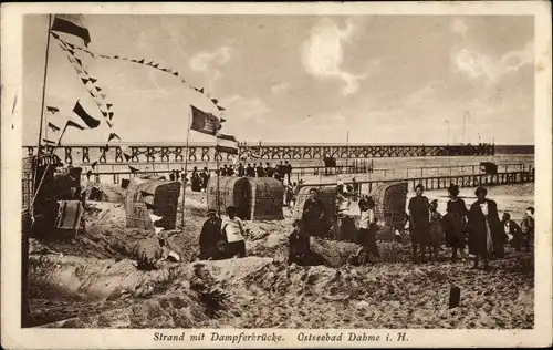 Ak Ostseebad Dahme in Holstein, Strand mit Dampferbrücke