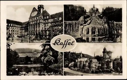 Ak Kassel in Hessen, Rathaus, Herkules und Kaskaden, Schloss Wilhelmshöhe, Löwenburg