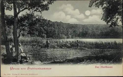 Mondschein Ak Stubbenkammer Sassnitz auf Rügen, Der Herthasee