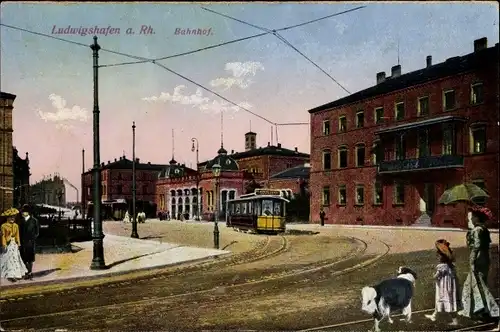 Ak Ludwigshafen am Rhein, Blick zum Bahnhof, Straßenbahn
