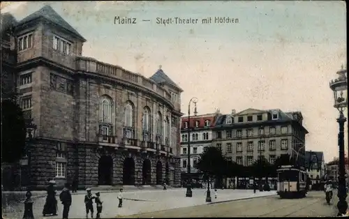 Ak Mainz am Rhein, Stadt-Theater mit Höfchen, Straßenbahn