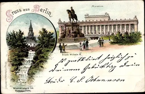 Litho Berlin Mitte, Museum Reiterstandbild Friedrich Wilhelm III, Wassersturz Victoriapark Kreuzberg