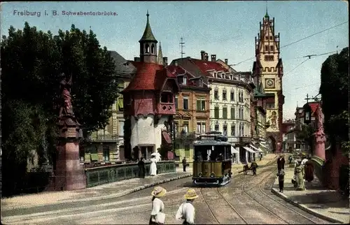 Ak Freiburg im Breisgau, Schwabentorbrücke, Straßenbahn Linie Waldsee