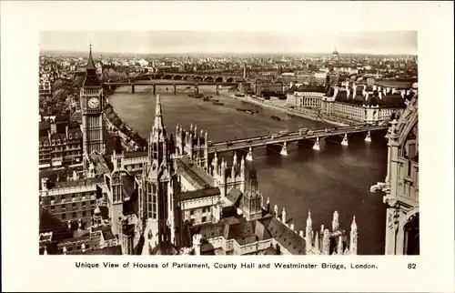 Ak London City England, Unique View of Houses of Parliament, County Hall and Westminster Bridge