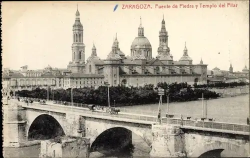 Ak Zaragoza Saragossa Aragonien, Puente de Piedra y Templo del Pilar