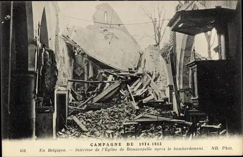 Ak Belgien, Intérieur de l'Eglise de Ramscapelle après le bombardement