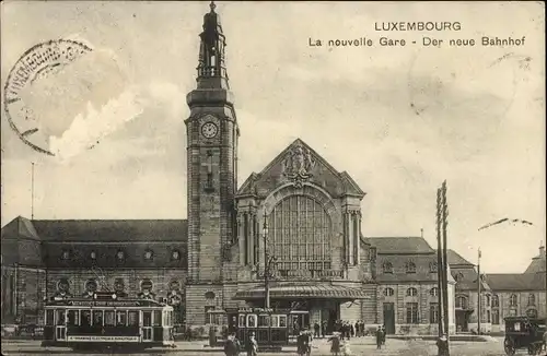 Ak Luxemburg Luxembourg, Der neue Bahnhof, Straßenbahnen