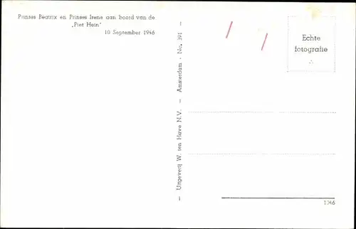 Ak Prinzessin Beatrix der Niederlande, Prinzessin Irene, aan boord van de Piet Hein, 1946