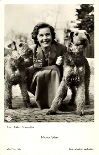 Ak Schauspielerin Maria Schell, Portrait mit zwei Terriern, Solange Du da bist, Ufa Film