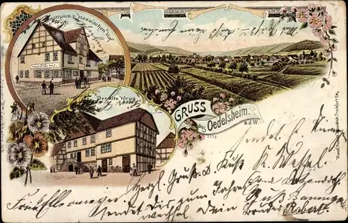 Litho Oedelsheim Oberweser Hessen, Gasthaus zum Hessischen Hof, Panorama, Der alte Krug