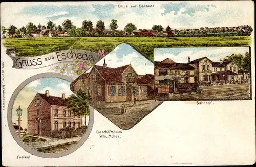 Litho Eschede in der Lüneburger Heide, Gesamtansicht, Postamt, Geschäftshaus Wilh. Müller, Bahnhof