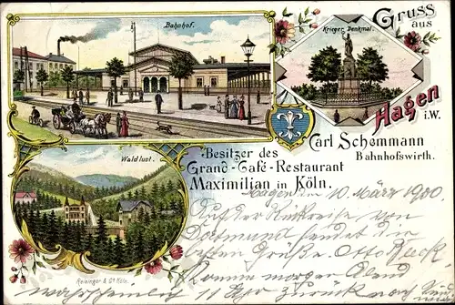 Litho Hagen in Westfalen, Bahnhof, Kriegerdenkmal, Waldlust, Bahnhofswirt Carl Schemmann