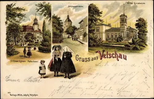 Litho Vetschau im Spreewald, Schloss Lynar, Schlossstraße, Villa Griebenow, Spreewälderinnen, Tracht