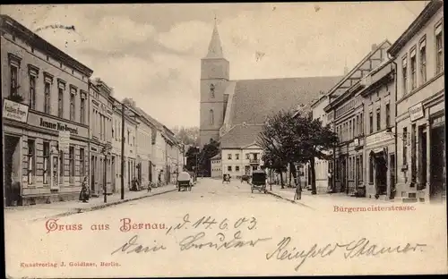 Ak Bernau in der Mark, Bürgermeisterstraße, Kirche, Geschäfte