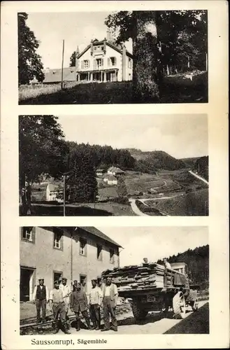 Ak Saussonrupt Elsass Haut Rhin, Sägemühle, Deutsche Soldaten, Gruppenbild, Lastwagen