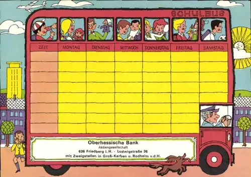 Stundenplan Oberhessische Bank, Friedberg, Doppeldeckerbus mit Kindern 70er J.