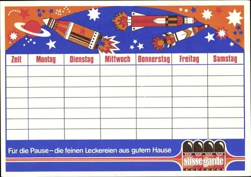 Stundenplan Schokoküsse Süsse Garde, bemannte Raumflüge erste Mondlandung um 1970