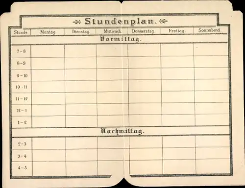 Stundenplan (klappbar) Buchform, Taschenformat um 1930