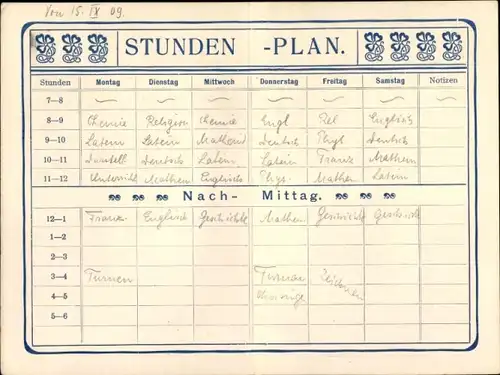 Stundenplan Felix Kühnel, Karlsruhe, Schulartikel, Cigarren- und Papierhandlung um 1920
