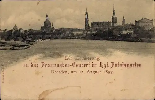 Ak Dresden, Panorama der Altstadt, Promenadenkonzert im Kgl. Palaisgarten 1897