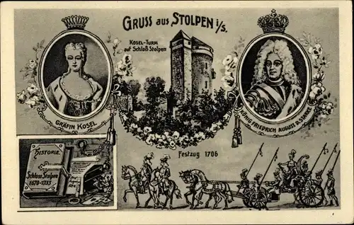 Ak Stolpen Sachsen, Schloss, Coselturm, Gräfin Kosel, König Friedrich August der Starke