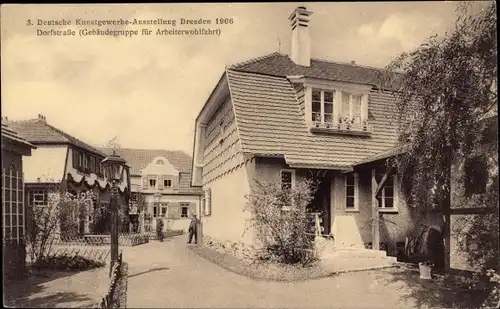 Ak Dresden, 3. Deutsche Kunstgewerbeausstellung 1906, Dorfstraße, Gebäudegruppe Arbeiterwohlfahrt