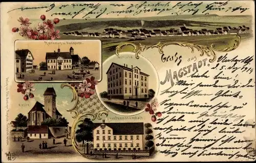 Litho Magstadt Baden Württemberg, Schule, Dampfbadeanstalt, Rathaus, Kirche