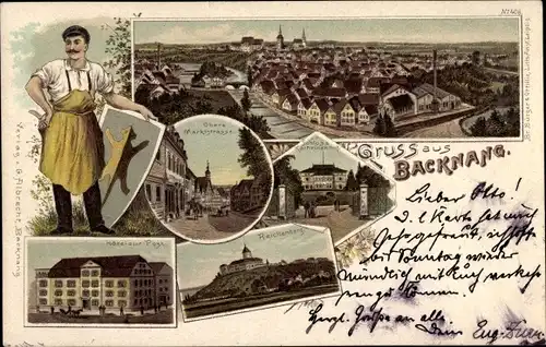 Litho Backnang in Württemberg, Obere Marktstraße, Reichenberg, Hotel zur Post, Totalansicht