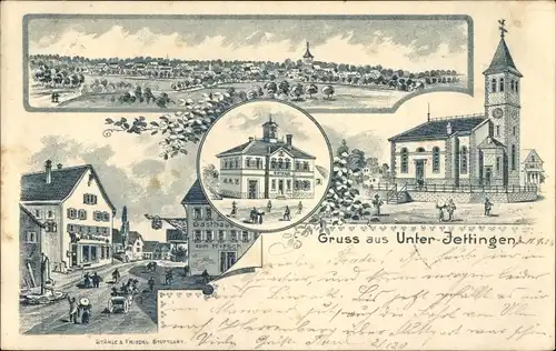 Litho Unterjettingen Jettingen in Baden Württemberg, Kirche, Rathaus, Totalansicht