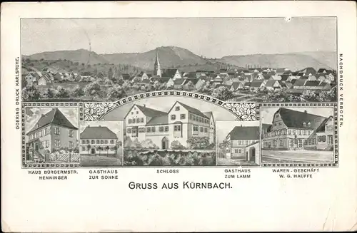 Ak Kürnbach in Baden Württemberg, Gasthaus zum Lamm, Warenhandlung Hauffe, Schloss