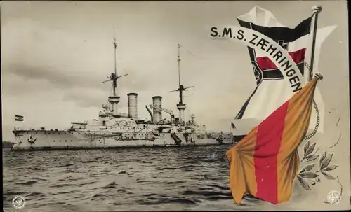 Ak Deutsches Kriegsschiff, SMS Zähringen, Linienschiff, Flagge Badens, Kaiserliche Kriegsflagge