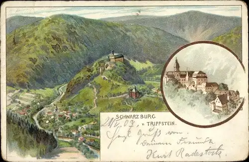 Litho Schwarzburg im Schwarzatal Thüringen, Blick ins Tal vom Trippstein, Burg