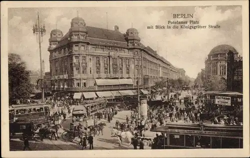 Ak Berlin Tiergarten, Potsdamer Platz, Blick in die Königsgrätzer Straße, Straßenbahnen, Passanten