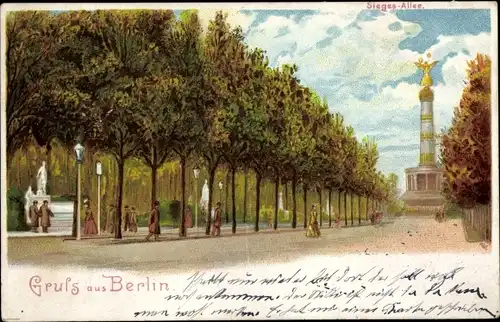 Litho Berlin Tiergarten, Blick in die Siegesallee, Siegessäule