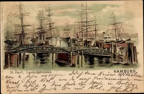 Litho Hamburg Mitte St. Pauli, Landungsbrücken, Segelschiffe