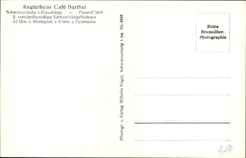 Ak Schwarzenberg Erzgebirge, Keglerheim Cafe Barthel, Kegelbahnen, Walter Ulbricht Bahn