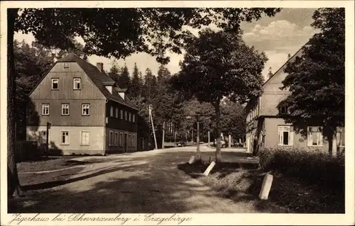 Ak Jägerhaus Bermsgrün Schwarzenberg im Erzgebirge, Gasthaus, Straßenpartie