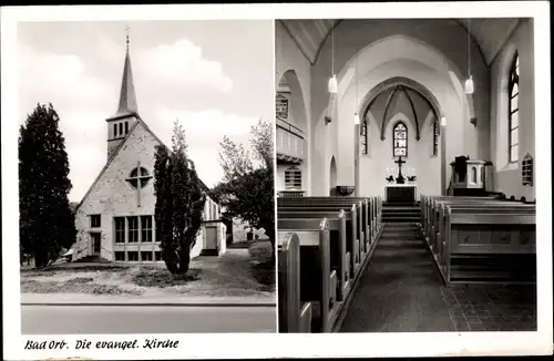 Ak Bad Orb in Hessen, Evang. Kirche, Außenansicht, Blick in Altarraum