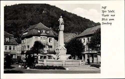 Ak Suhl in Thüringen, Markt mit Blick zum Domberg, Brunnen mit Figur