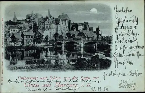 Mondschein Ak Marburg an der Lahn, Universität, Schloss