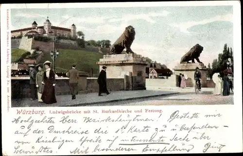 Ak Würzburg am Main Unterfranken, Ludwigsbrücke, St. Burkardkirche, Festung, Weinberge, Promenade